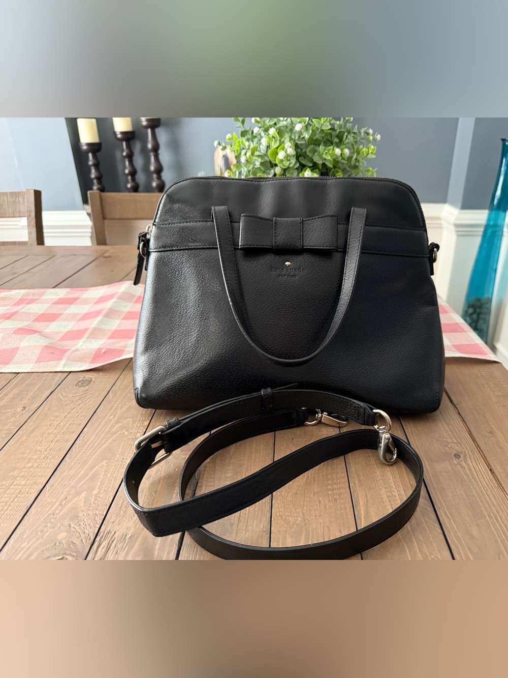 kate spade Black Leather Bow-Accent Satchel with Removable Strap